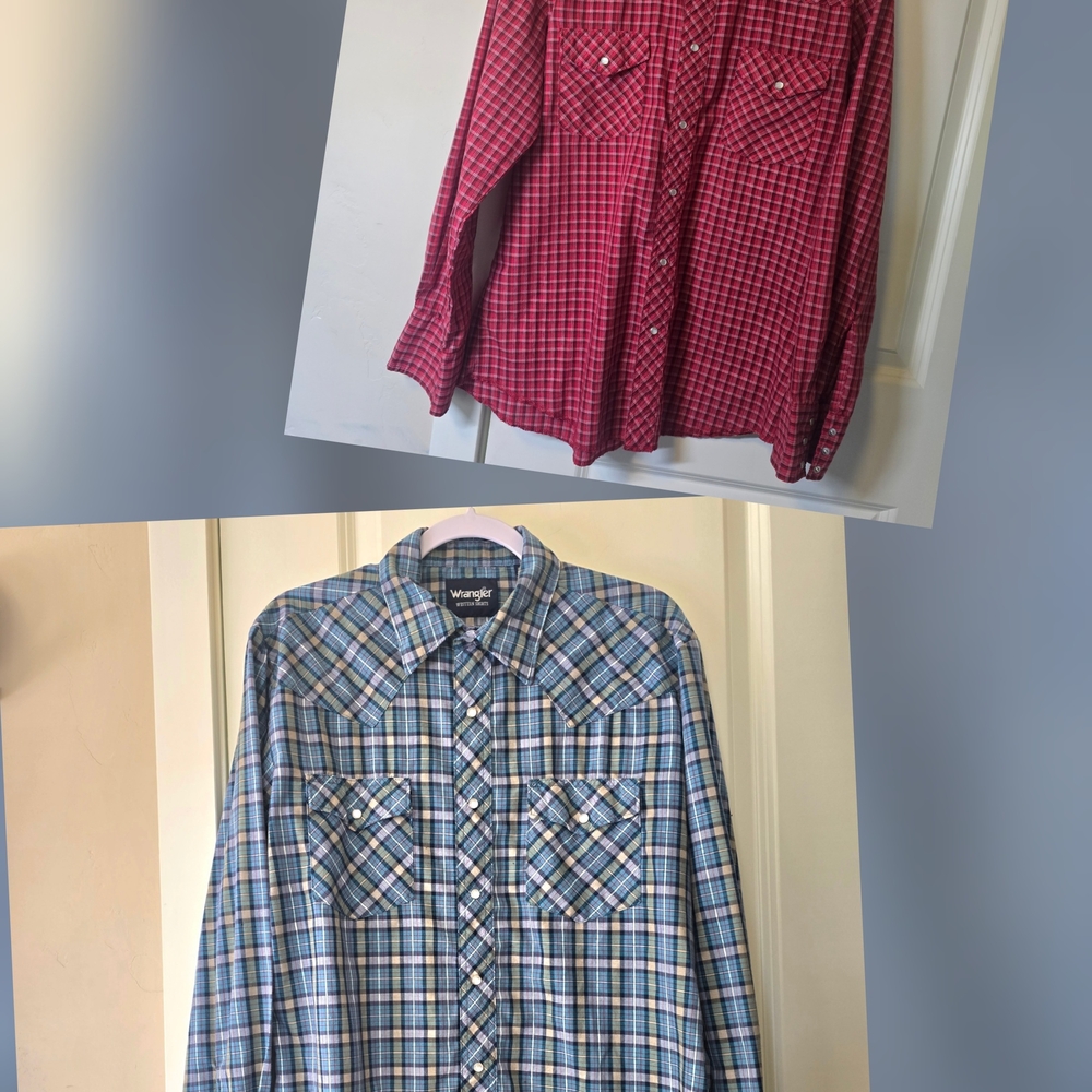 Wrangler Men's Red and Blue Plaid Western Shirts Lot Of 2 Size Medium